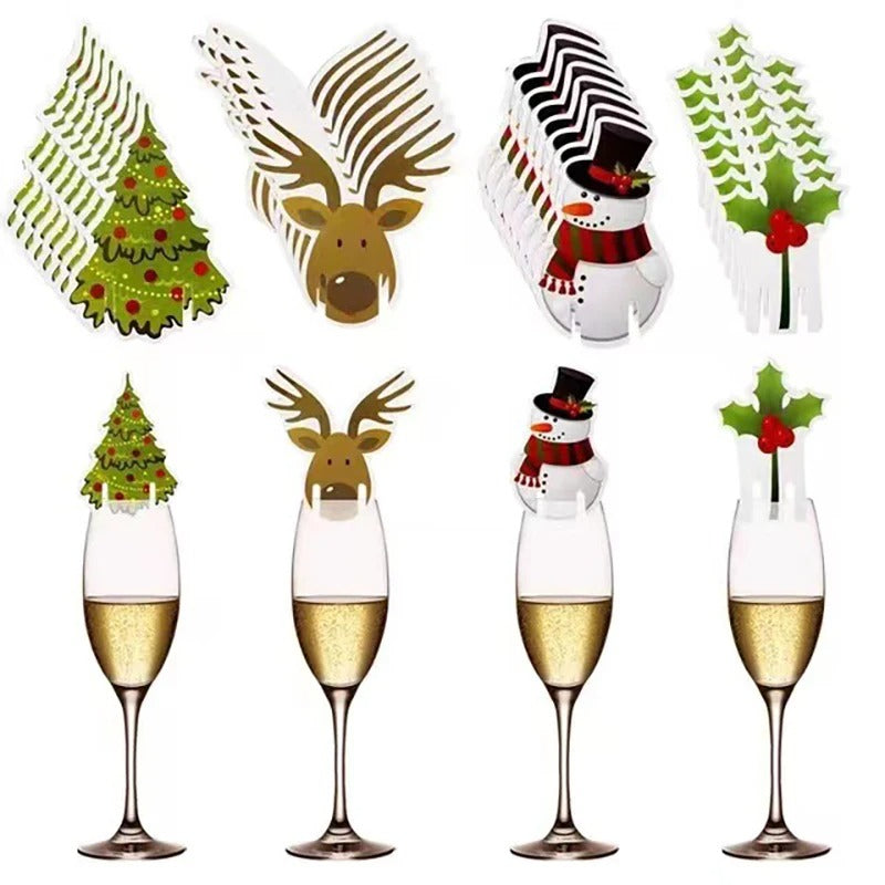 10pcs Wine Cup Card Christmas Decorations Elk Santa Hat
